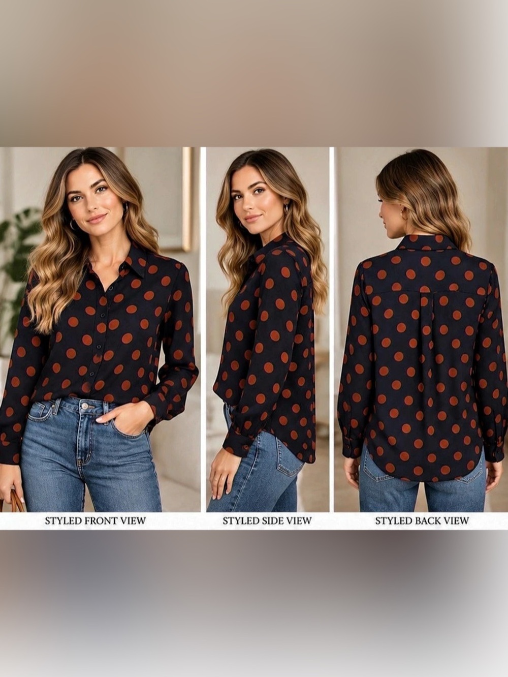 HALOGEN Navy Blue & Rust Orange Polka Dot Button-Down Blouse – Size Small